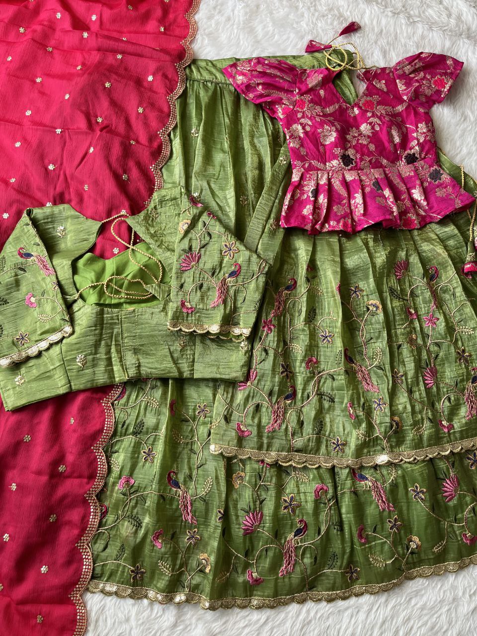 Peacock Embroidered Mom & Daughter Lehenga Combo – Gold Crush Designer Set