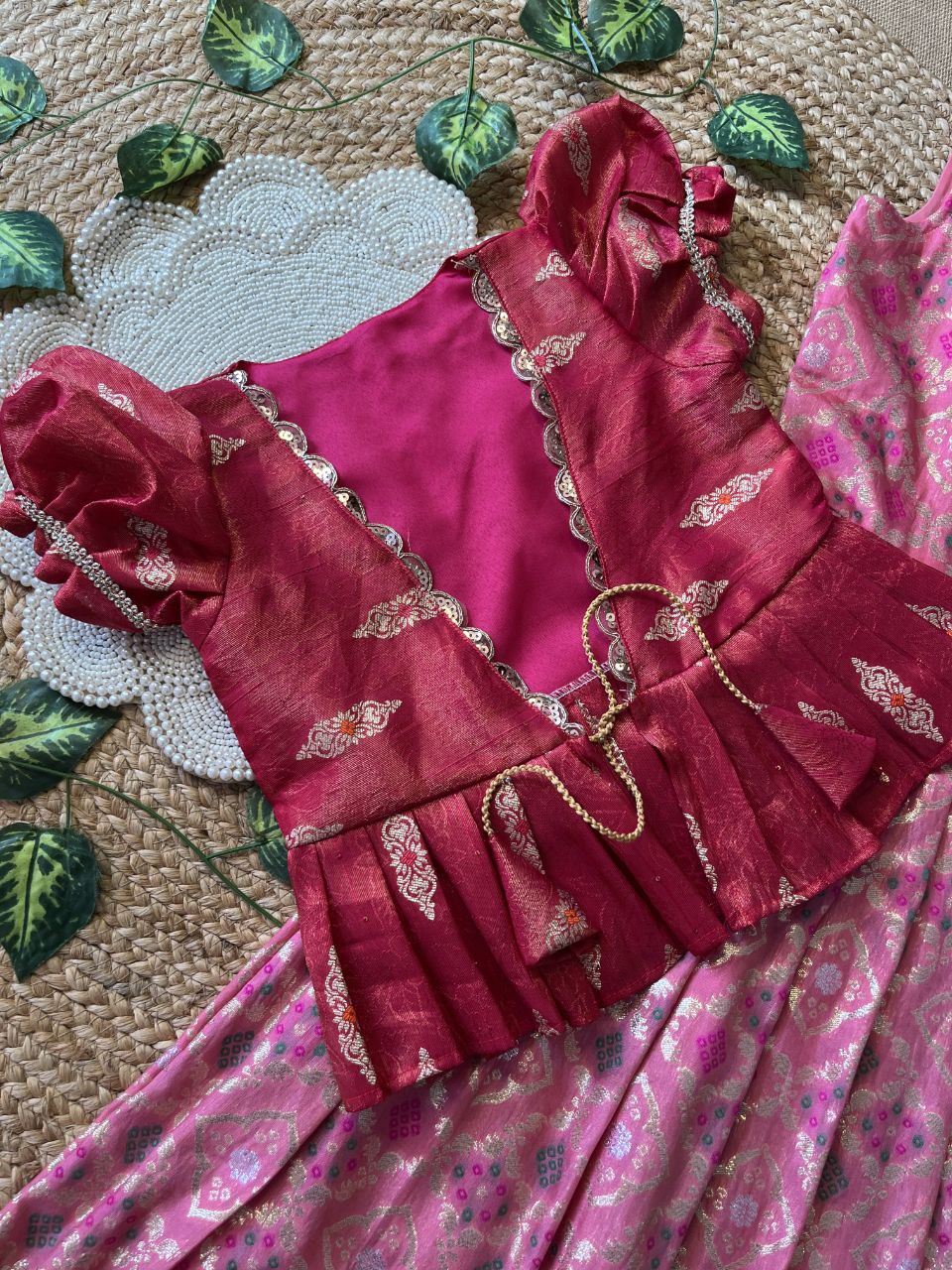 Kids Bandhej Gown with Embroidered Jacket – Dola Silk Designer Set