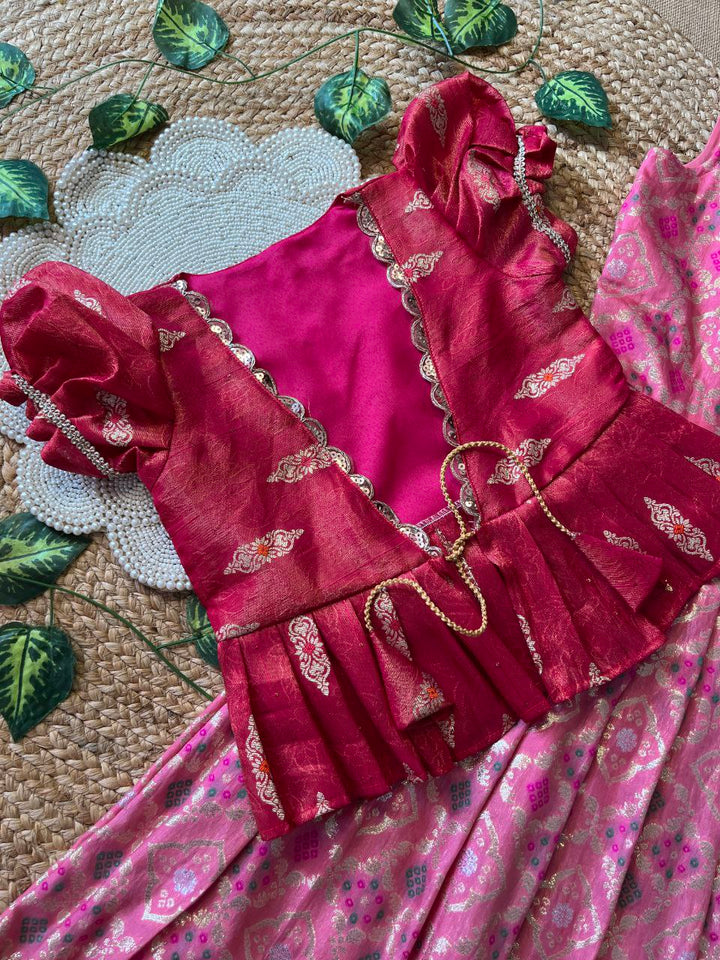 Kids Bandhej Gown with Embroidered Jacket – Dola Silk Designer Set