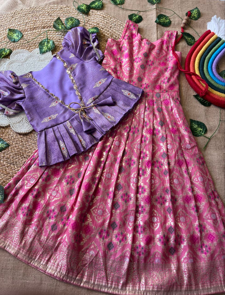 Kids Bandhej Gown with Embroidered Jacket – Dola Silk Designer Set