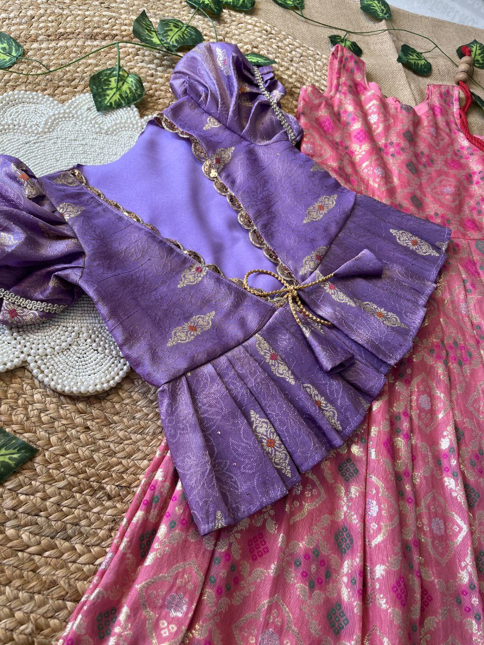 Kids Bandhej Gown with Embroidered Jacket – Dola Silk Designer Set