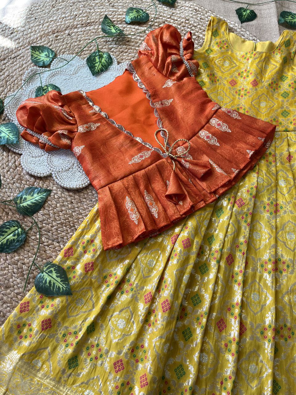 Kids Bandhej Gown with Embroidered Jacket – Dola Silk Designer Set