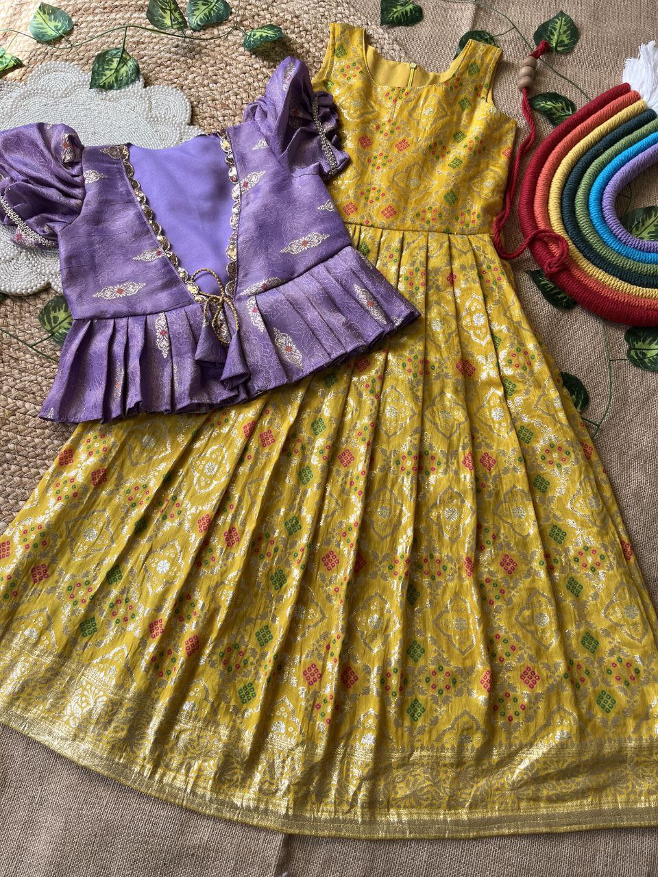 Kids Bandhej Gown with Embroidered Jacket – Dola Silk Designer Set