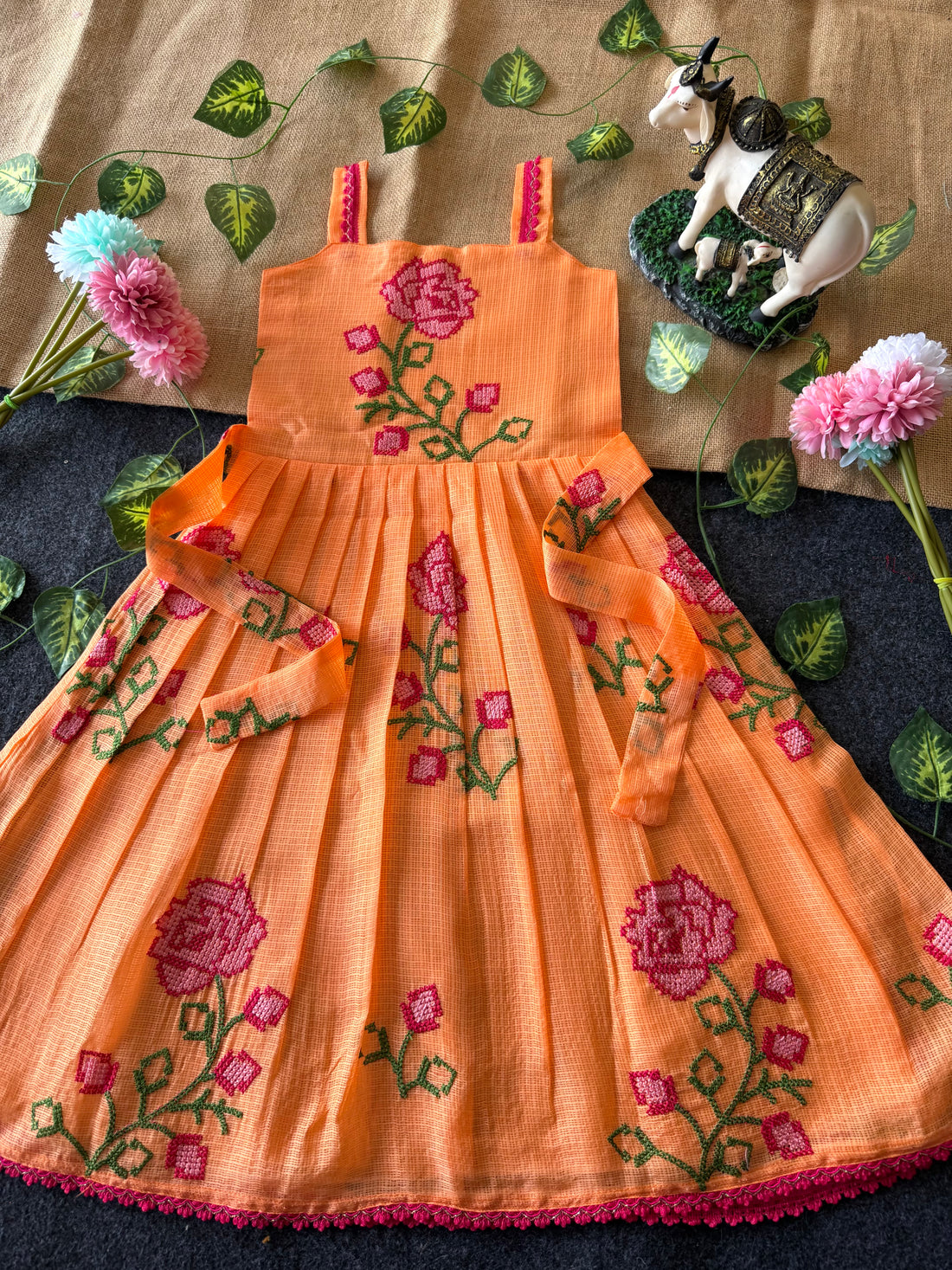 🦚Cross stitch Kota Fabric Kids Gown