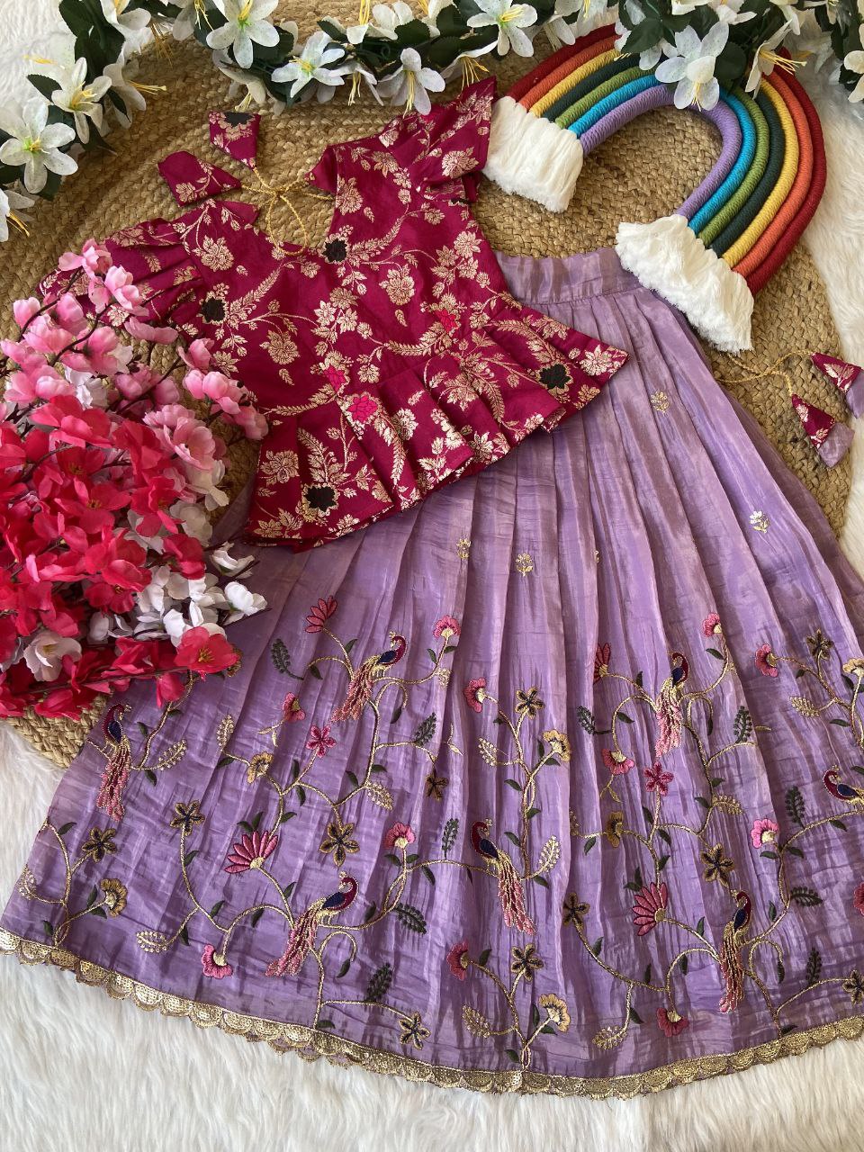 Elegant Kids Pattu Pavadai & Sattai Set – Embroidered Silk Lehenga Choli for Girls