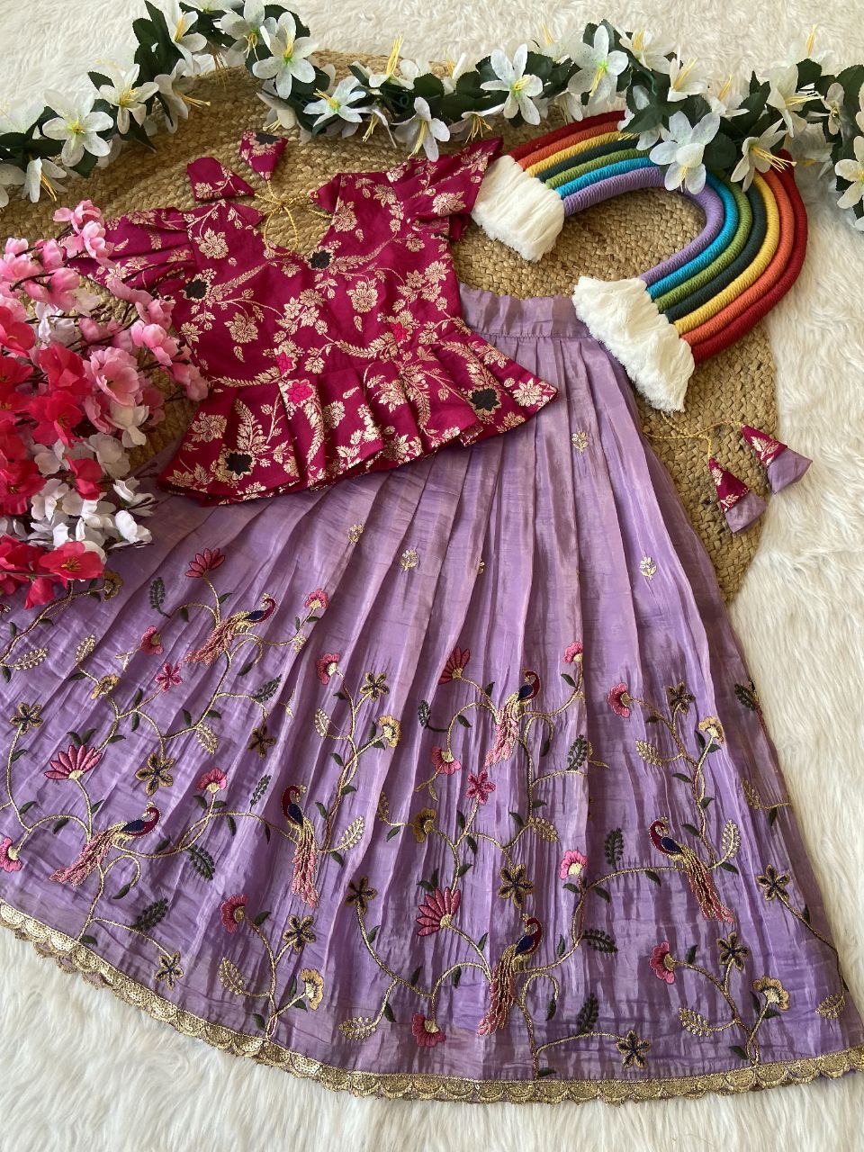 Elegant Kids Pattu Pavadai & Sattai Set – Embroidered Silk Lehenga Choli for Girls