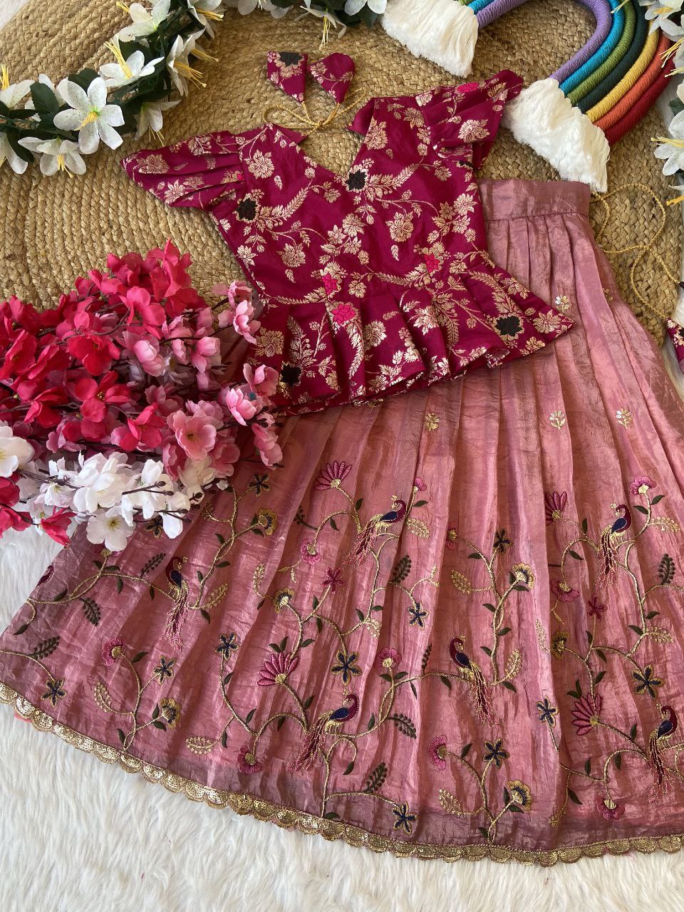 Elegant Kids Pattu Pavadai & Sattai Set – Embroidered Silk Lehenga Choli for Girls