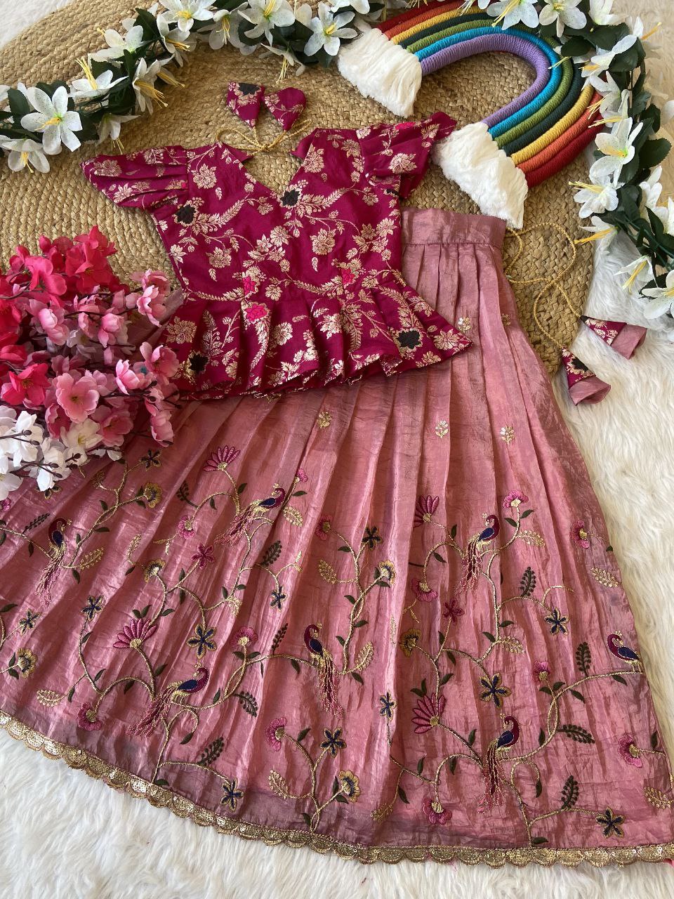 Elegant Kids Pattu Pavadai & Sattai Set – Embroidered Silk Lehenga Choli for Girls