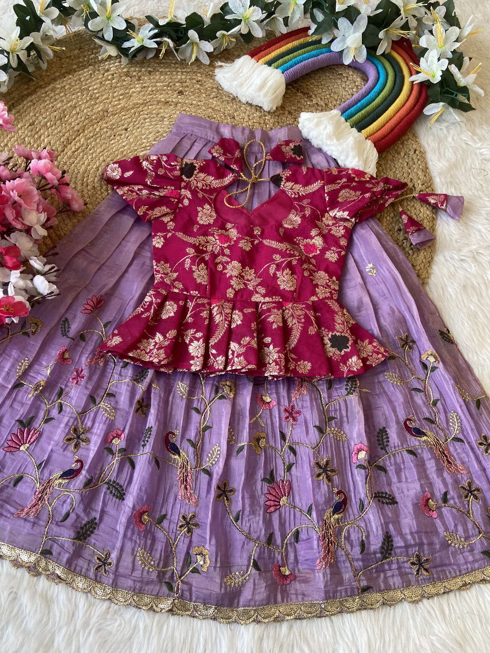 Elegant Kids Pattu Pavadai & Sattai Set – Embroidered Silk Lehenga Choli for Girls