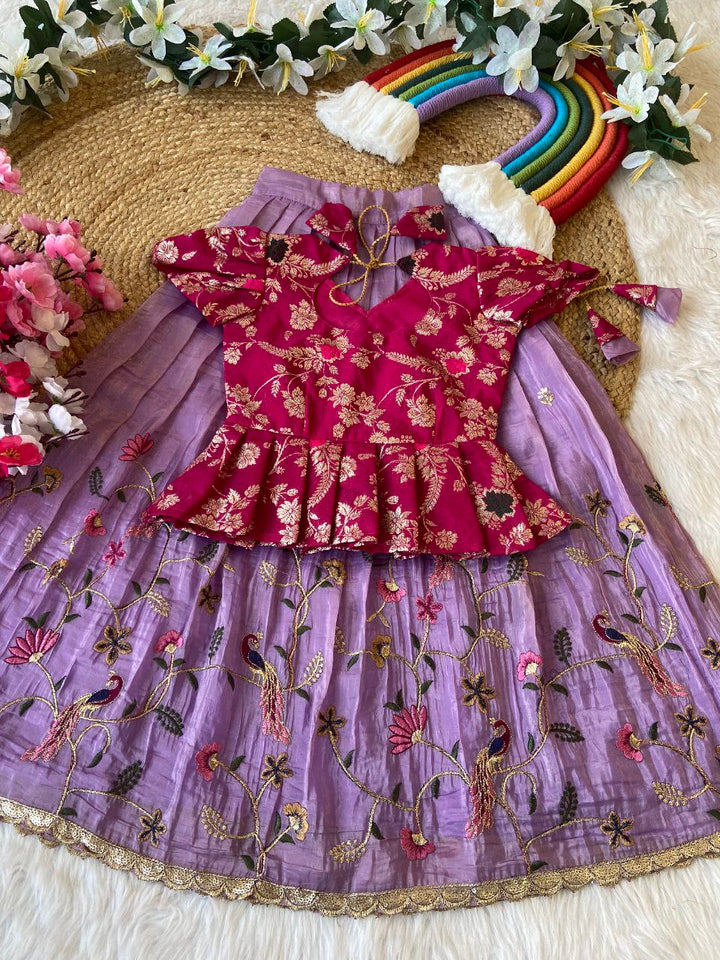 Elegant Kids Pattu Pavadai & Sattai Set – Embroidered Silk Lehenga Choli for Girls