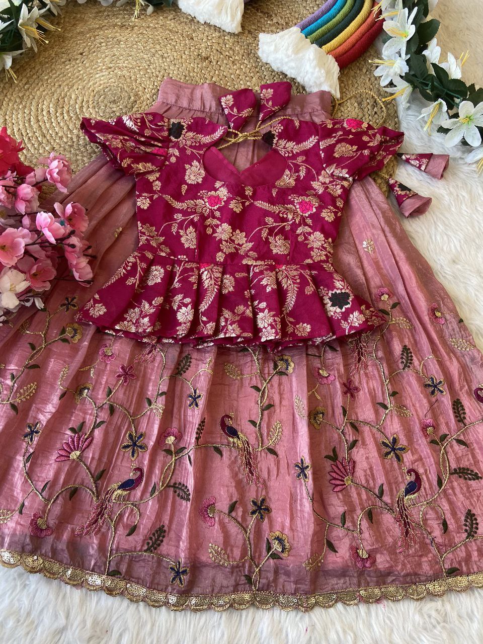 Elegant Kids Pattu Pavadai & Sattai Set – Embroidered Silk Lehenga Choli for Girls