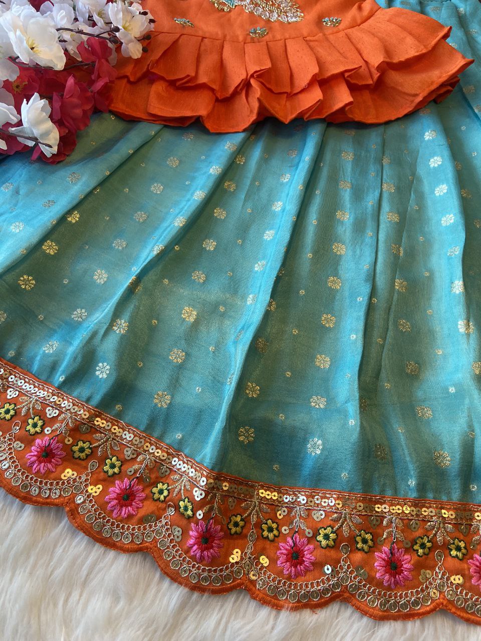 Exclusive Kids Tissue Lehenga Choli Set – Peacock Handwork Crop Top with Banarasi Jacquard Skirt