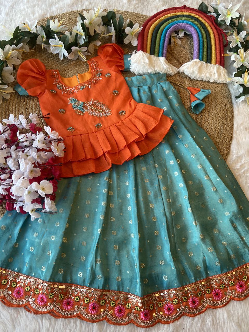 Exclusive Kids Tissue Lehenga Choli Set – Peacock Handwork Crop Top with Banarasi Jacquard Skirt