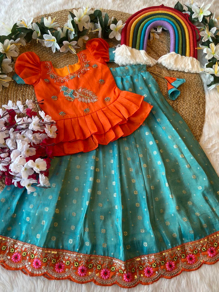 Exclusive Kids Tissue Lehenga Choli Set – Peacock Handwork Crop Top with Banarasi Jacquard Skirt