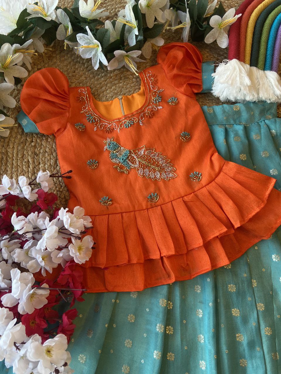 Exclusive Kids Tissue Lehenga Choli Set – Peacock Handwork Crop Top with Banarasi Jacquard Skirt