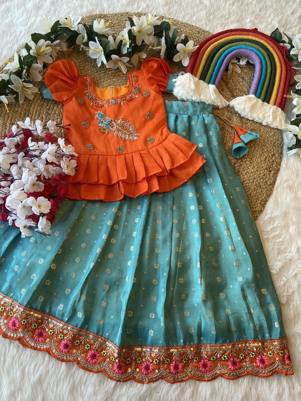 Exclusive Kids Tissue Lehenga Choli Set – Peacock Handwork Crop Top with Banarasi Jacquard Skirt