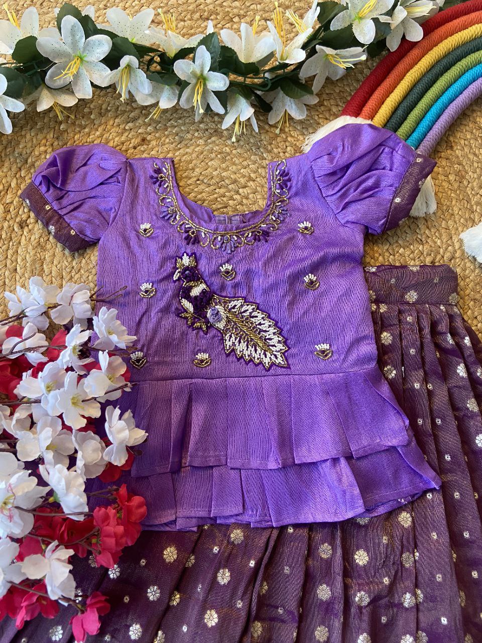 Exclusive Kids Tissue Lehenga Choli Set – Peacock Handwork Crop Top with Banarasi Jacquard Skirt