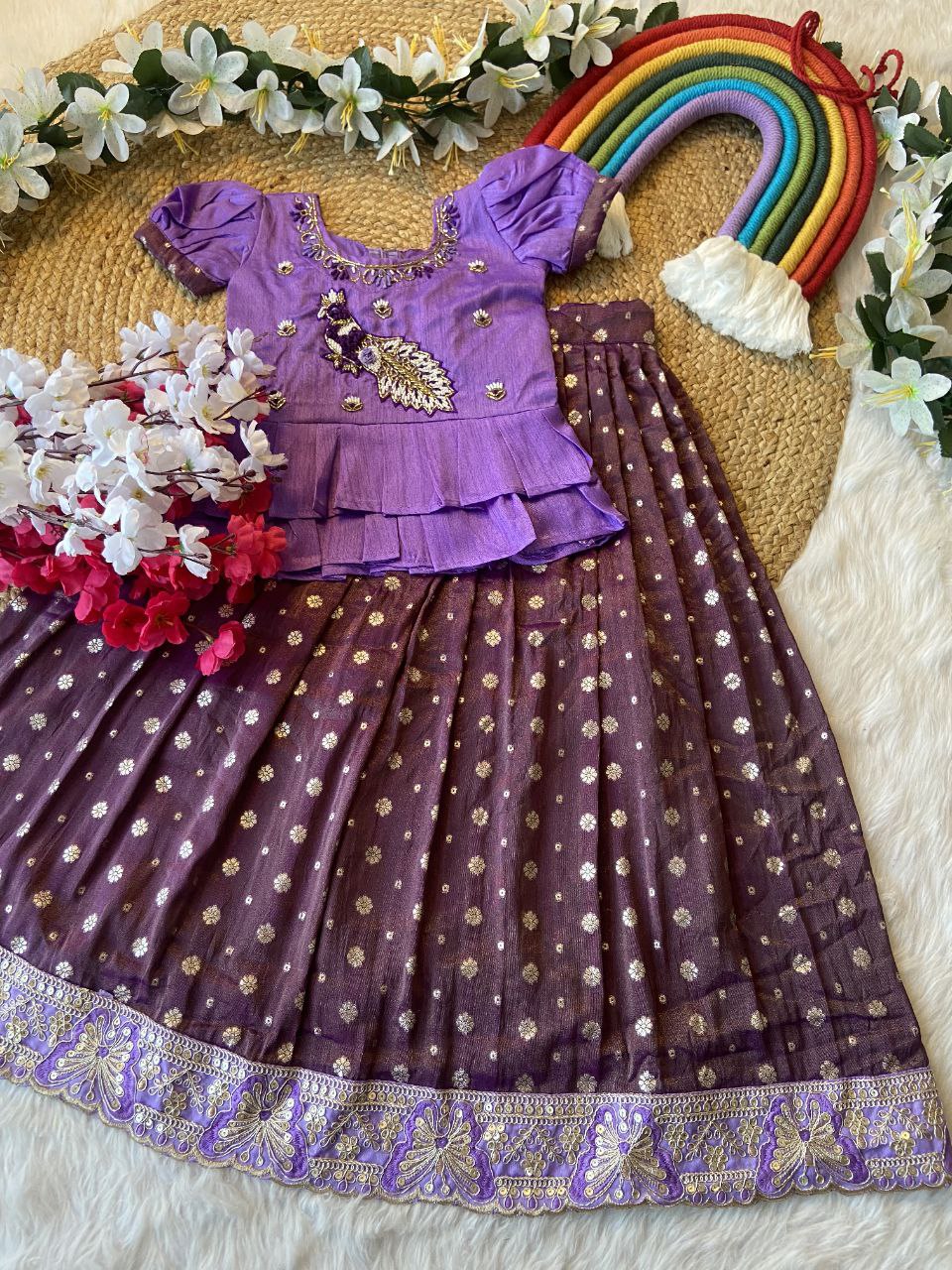 Exclusive Kids Tissue Lehenga Choli Set – Peacock Handwork Crop Top with Banarasi Jacquard Skirt