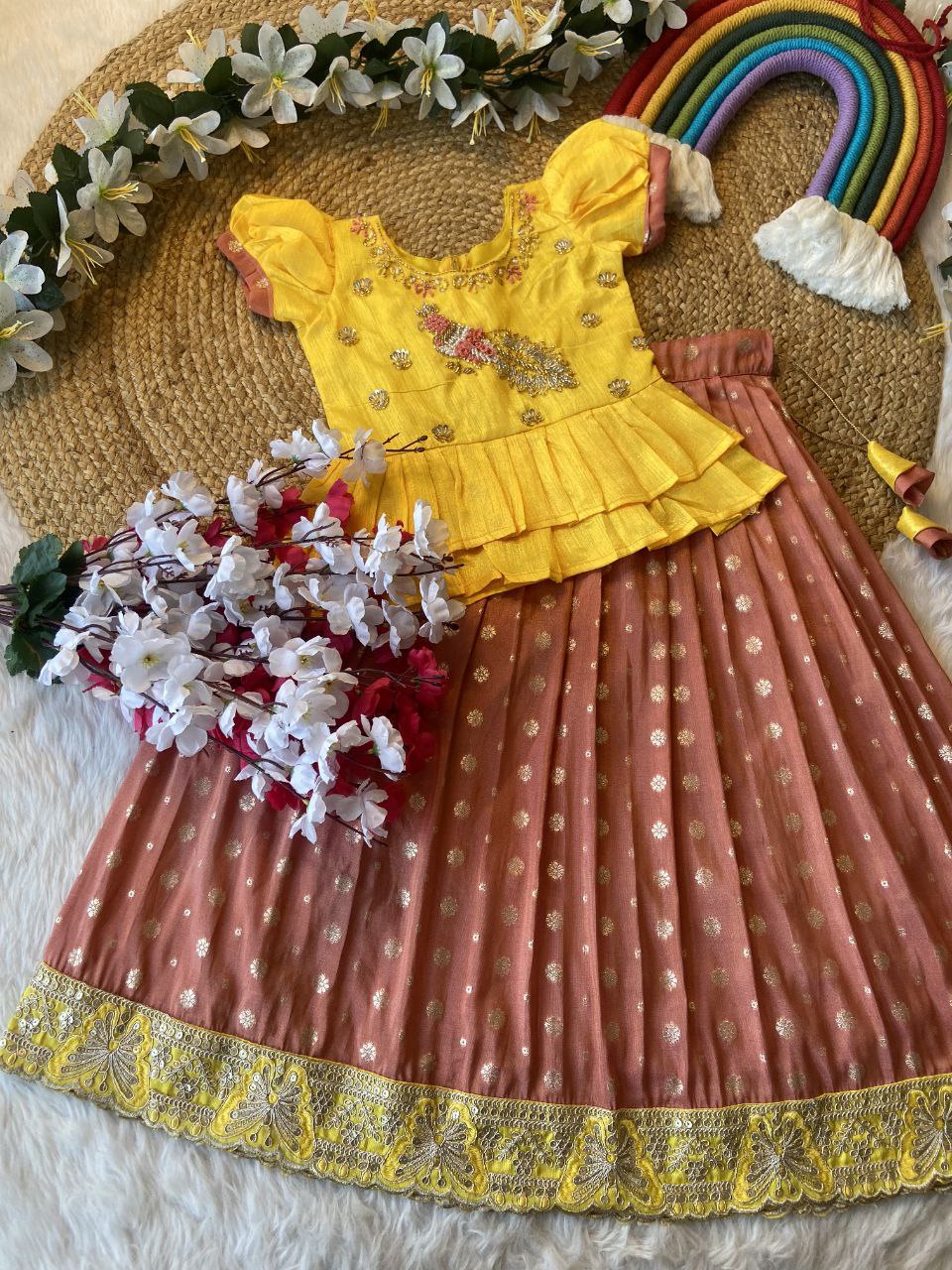 Exclusive Kids Tissue Lehenga Choli Set – Peacock Handwork Crop Top with Banarasi Jacquard Skirt