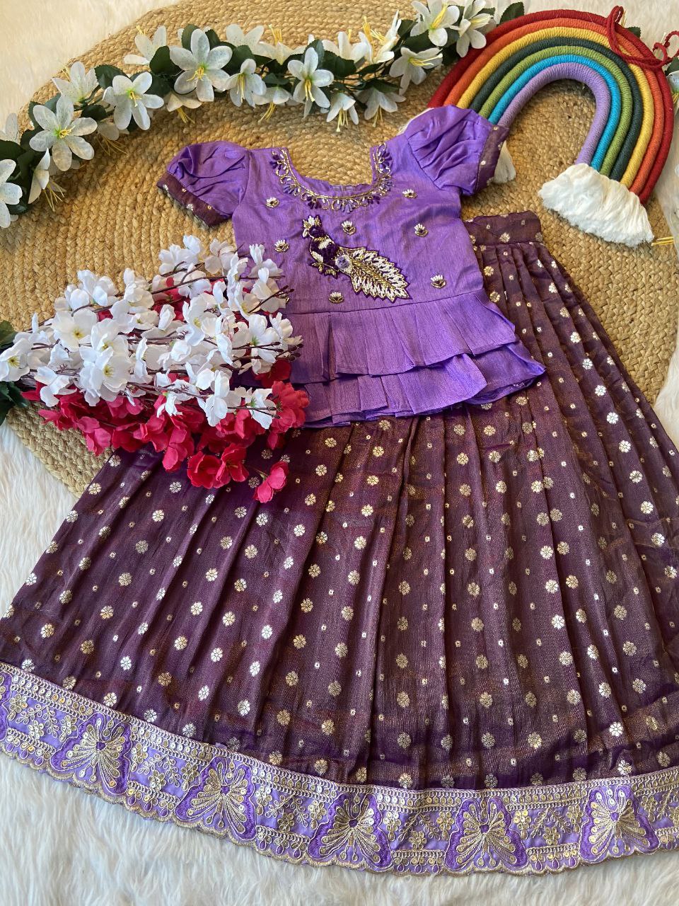 Exclusive Kids Tissue Lehenga Choli Set – Peacock Handwork Crop Top with Banarasi Jacquard Skirt