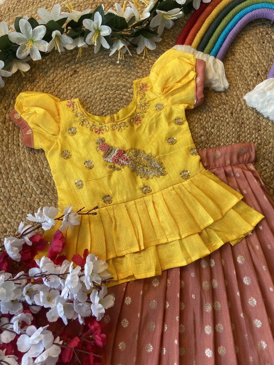 Exclusive Kids Tissue Lehenga Choli Set – Peacock Handwork Crop Top with Banarasi Jacquard Skirt