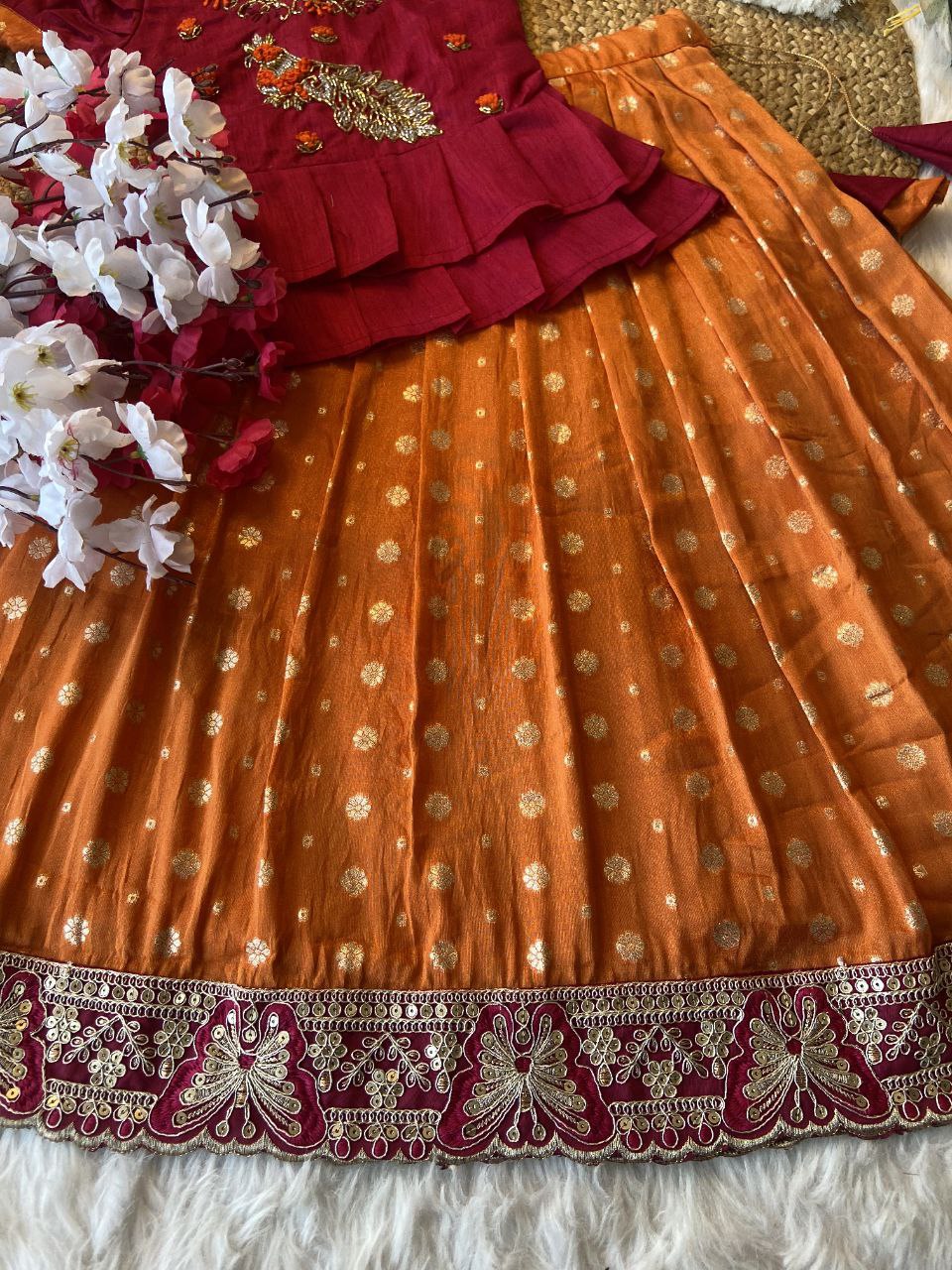 Exclusive Kids Tissue Lehenga Choli Set – Peacock Handwork Crop Top with Banarasi Jacquard Skirt