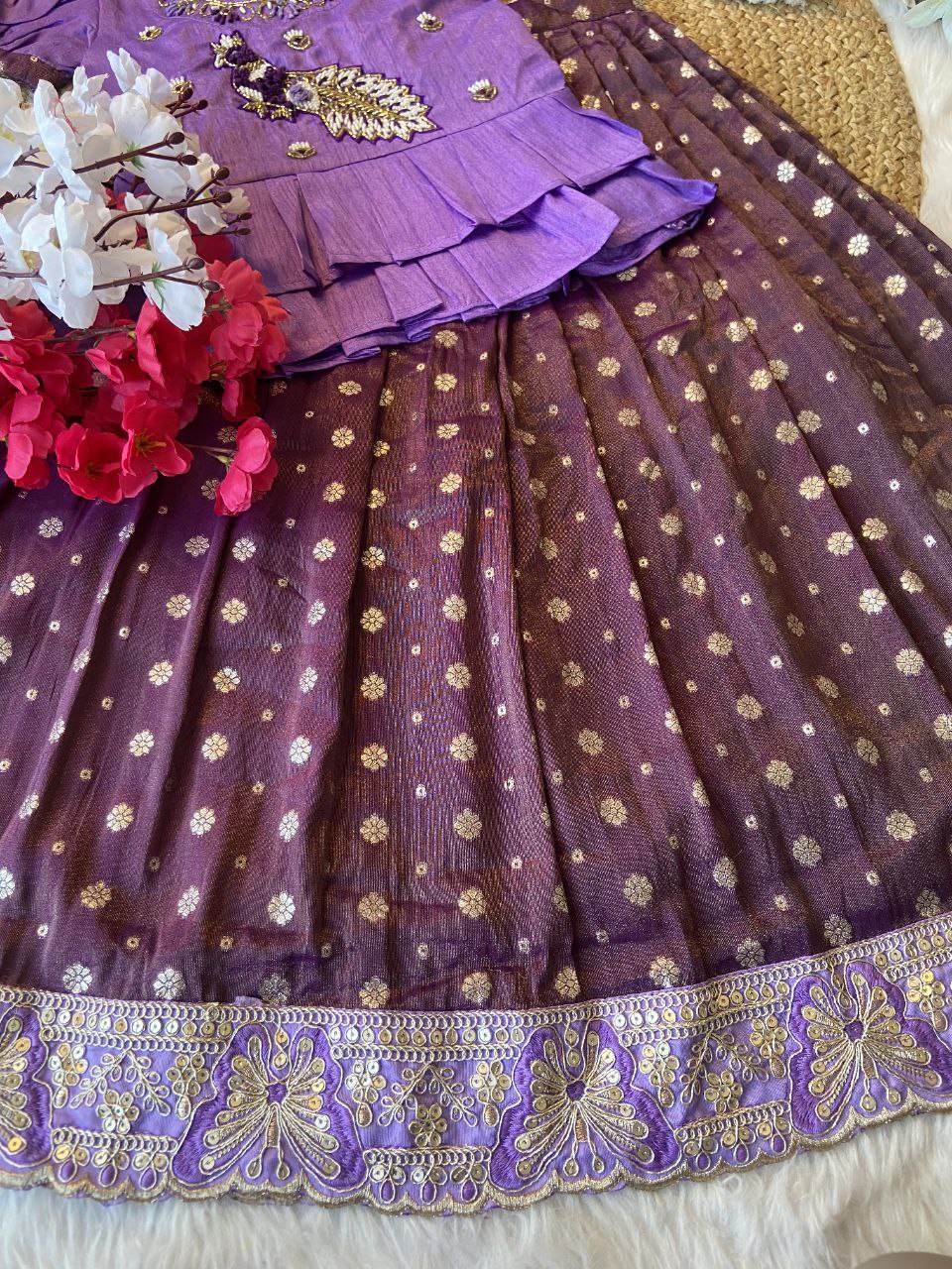 Exclusive Kids Tissue Lehenga Choli Set – Peacock Handwork Crop Top with Banarasi Jacquard Skirt