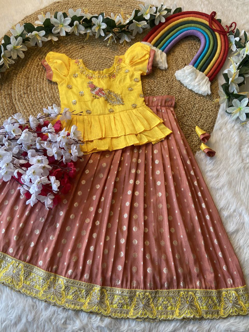 Exclusive Kids Tissue Lehenga Choli Set – Peacock Handwork Crop Top with Banarasi Jacquard Skirt