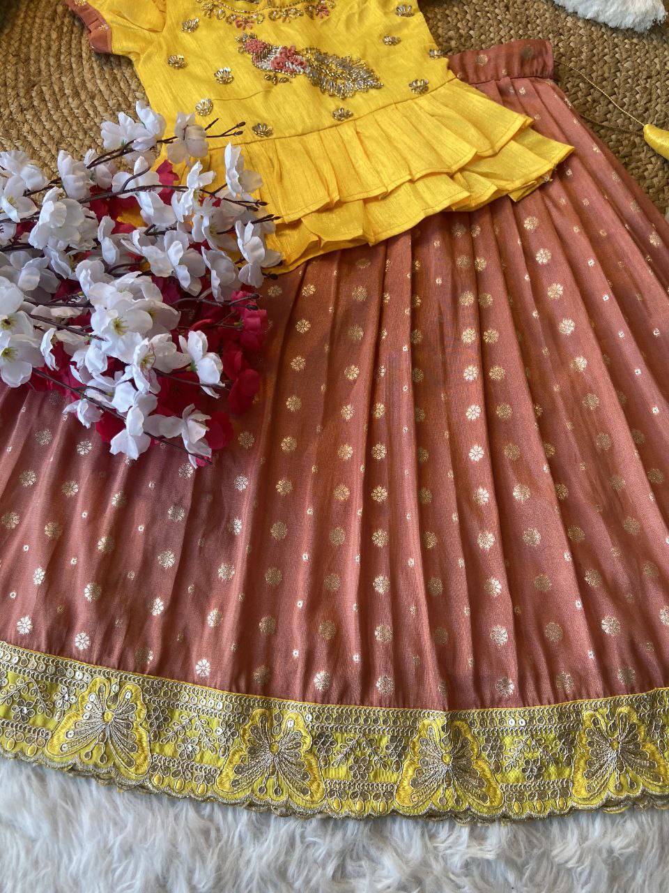 Exclusive Kids Tissue Lehenga Choli Set – Peacock Handwork Crop Top with Banarasi Jacquard Skirt
