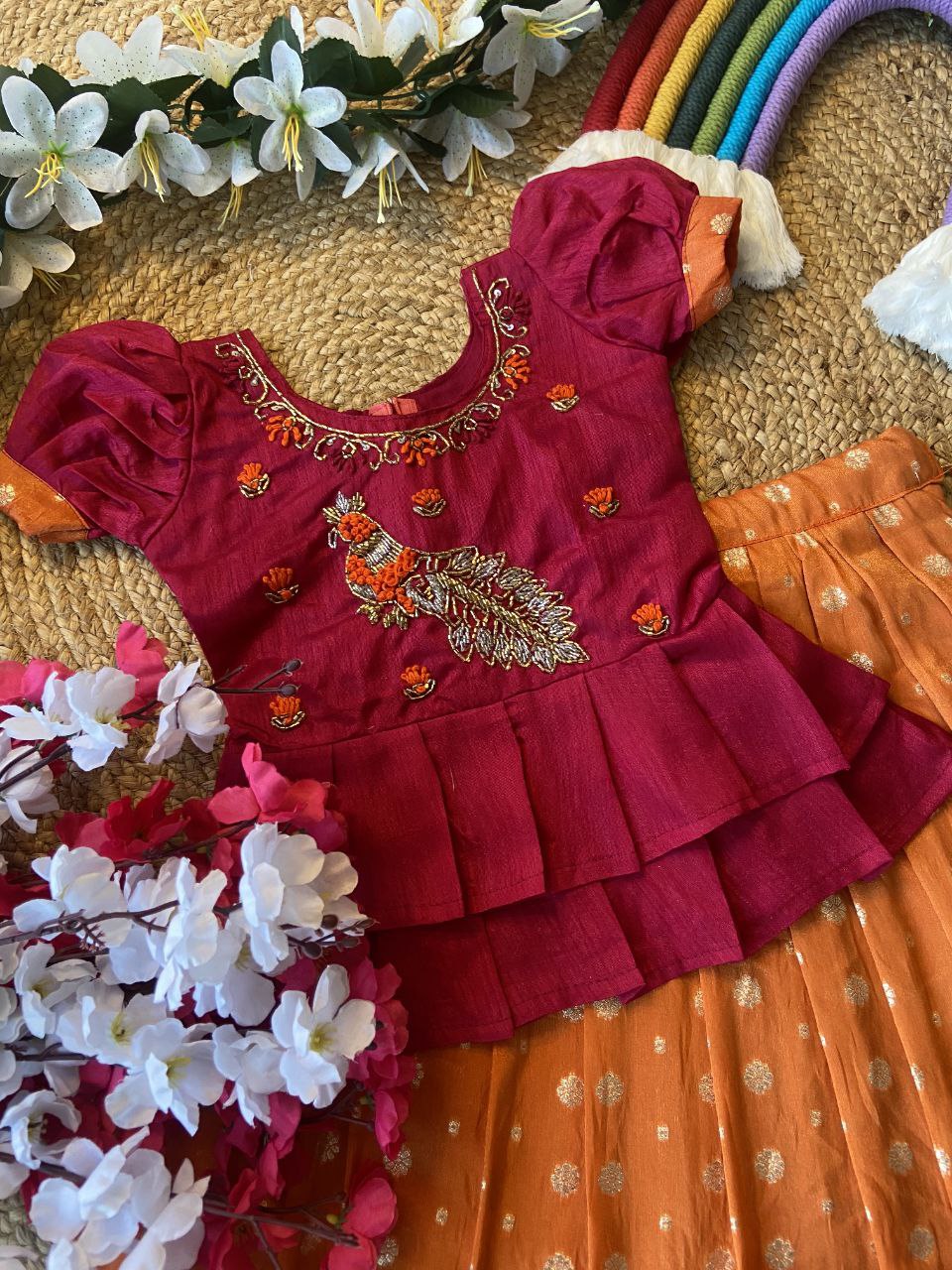 Exclusive Kids Tissue Lehenga Choli Set – Peacock Handwork Crop Top with Banarasi Jacquard Skirt