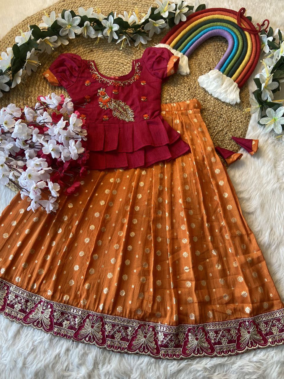 Exclusive Kids Tissue Lehenga Choli Set – Peacock Handwork Crop Top with Banarasi Jacquard Skirt