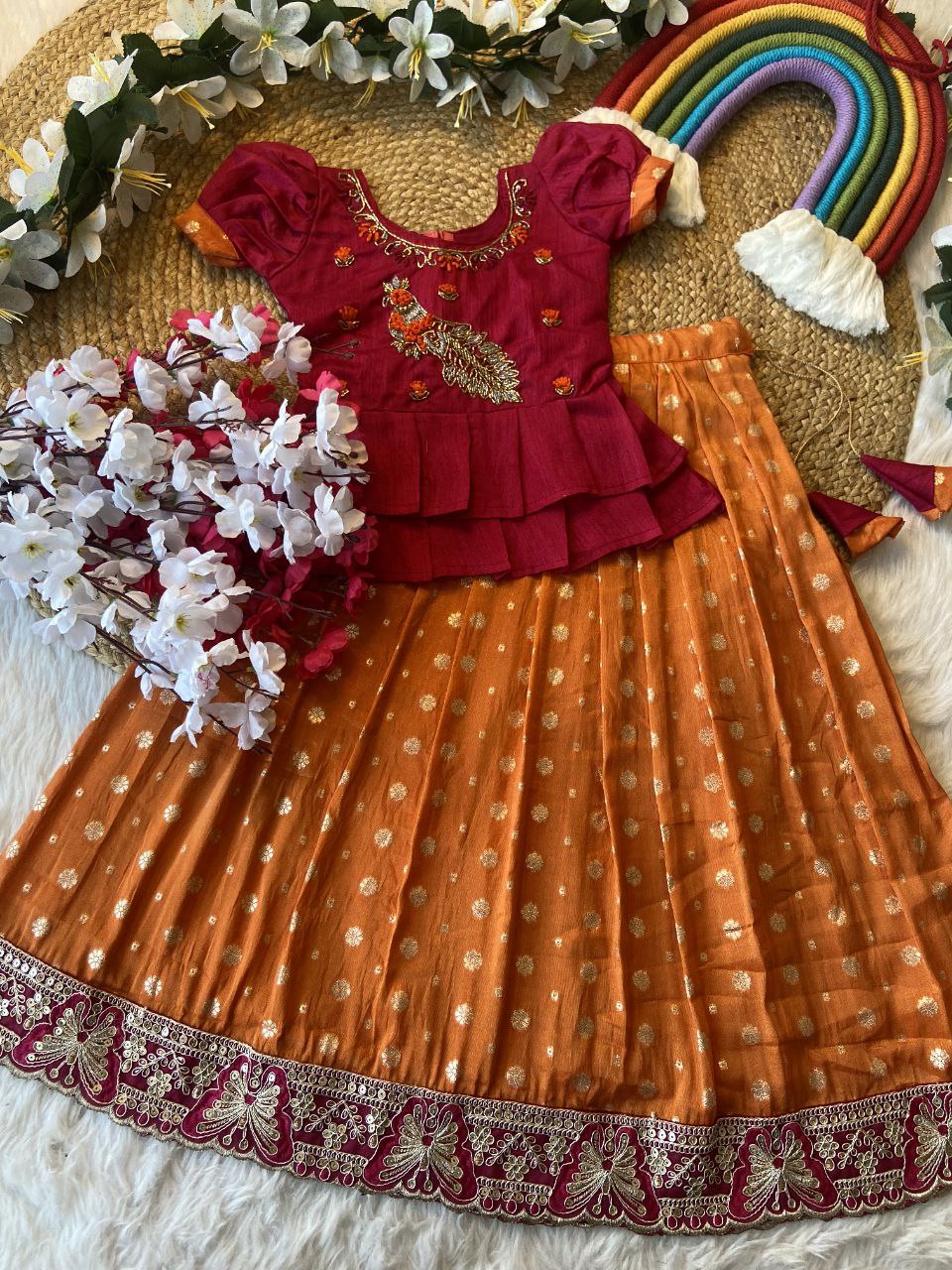 Exclusive Kids Tissue Lehenga Choli Set – Peacock Handwork Crop Top with Banarasi Jacquard Skirt