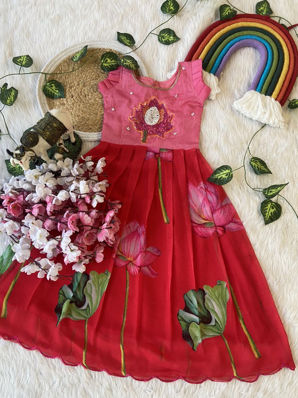 Lotus Beauty Kids Pattu Pavadai & Sattai Set – Handworked Bangalory Silk Top with Fox Silk Skirt
