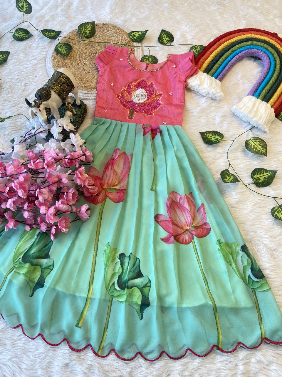 Lotus Beauty Kids Pattu Pavadai & Sattai Set – Handworked Bangalory Silk Top with Fox Silk Skirt