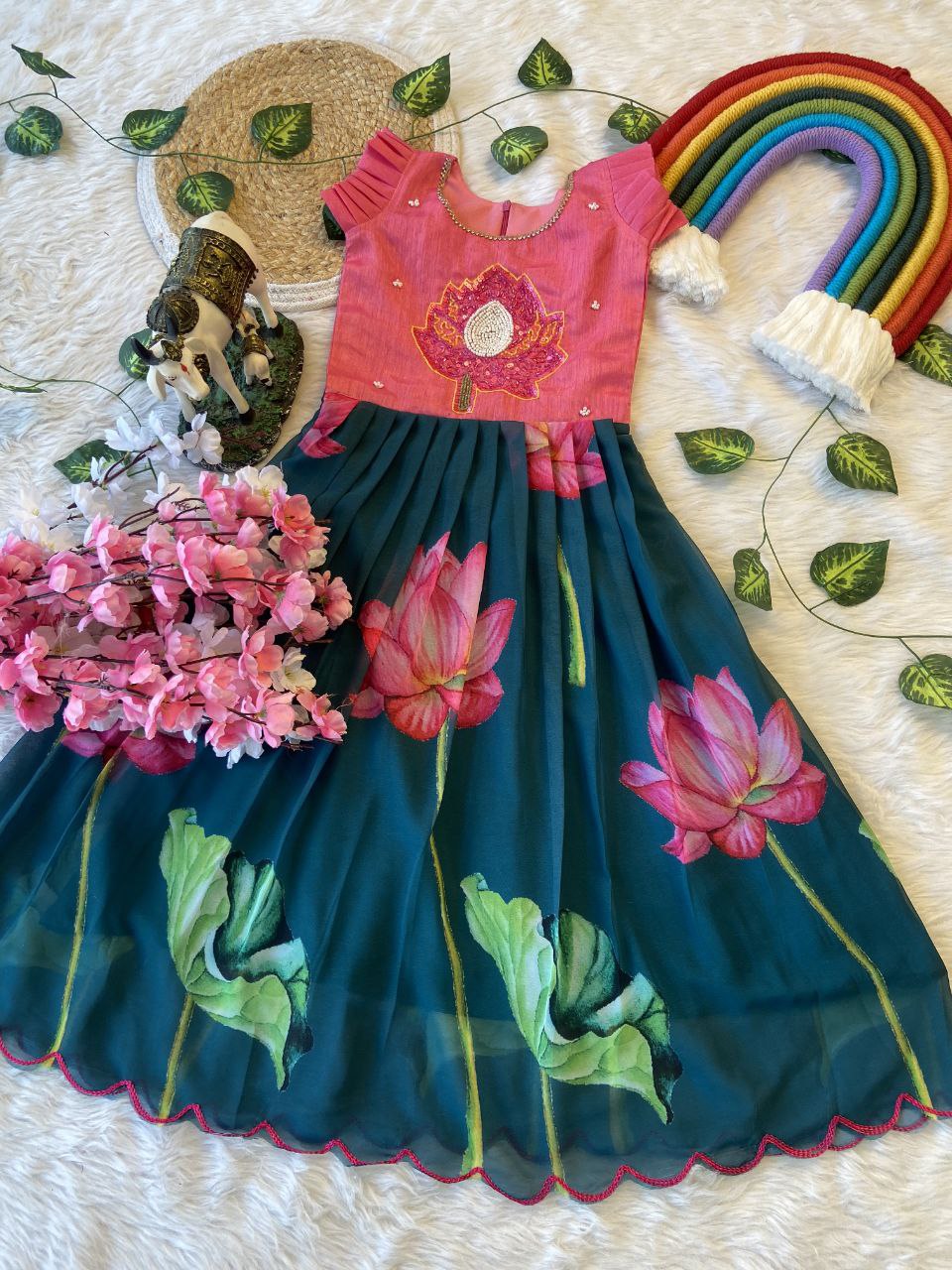 Lotus Beauty Kids Pattu Pavadai & Sattai Set – Handworked Bangalory Silk Top with Fox Silk Skirt