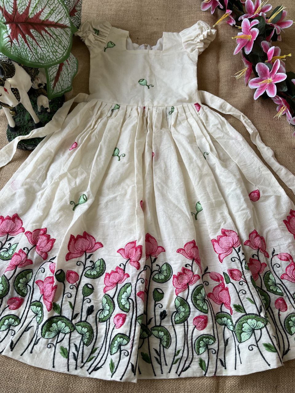 Kids Lotus Embroidery Gown – Kora Cotton Designer Dress