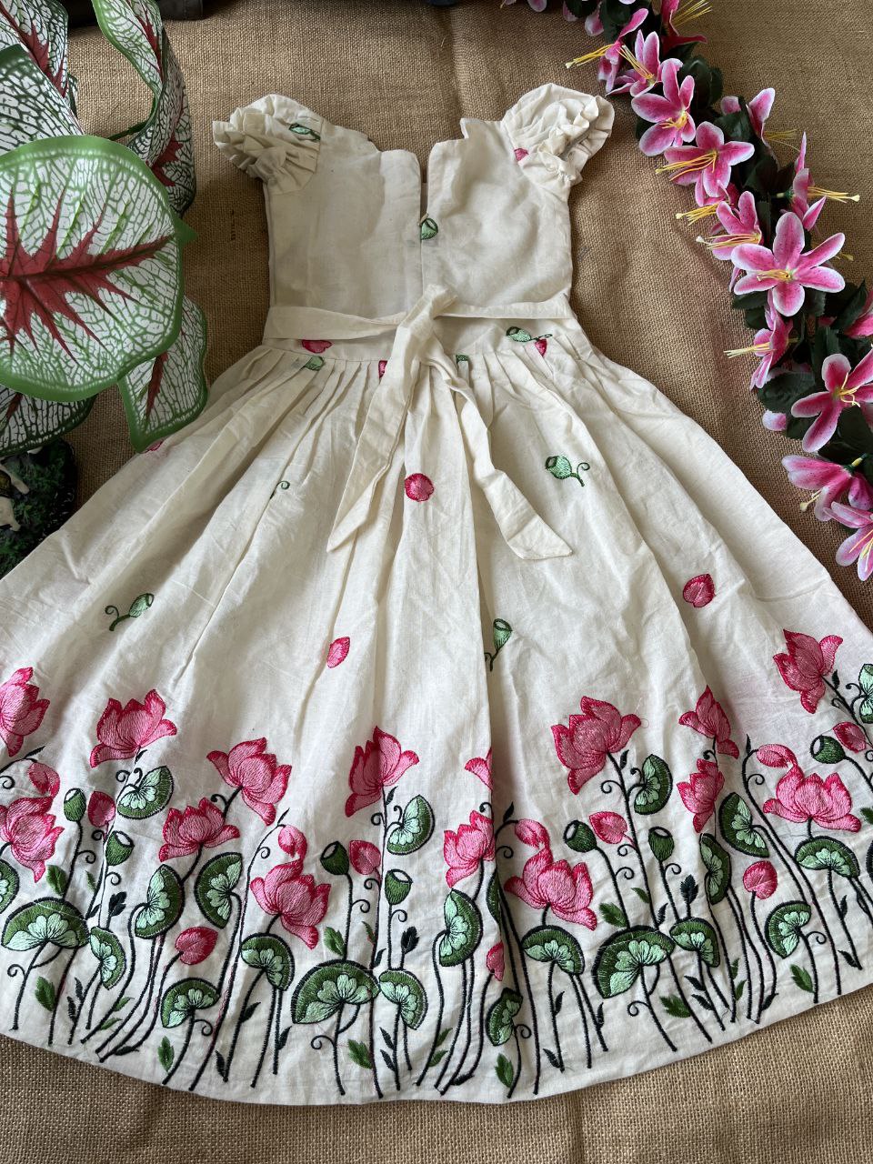 Kids Lotus Embroidery Gown – Kora Cotton Designer Dress