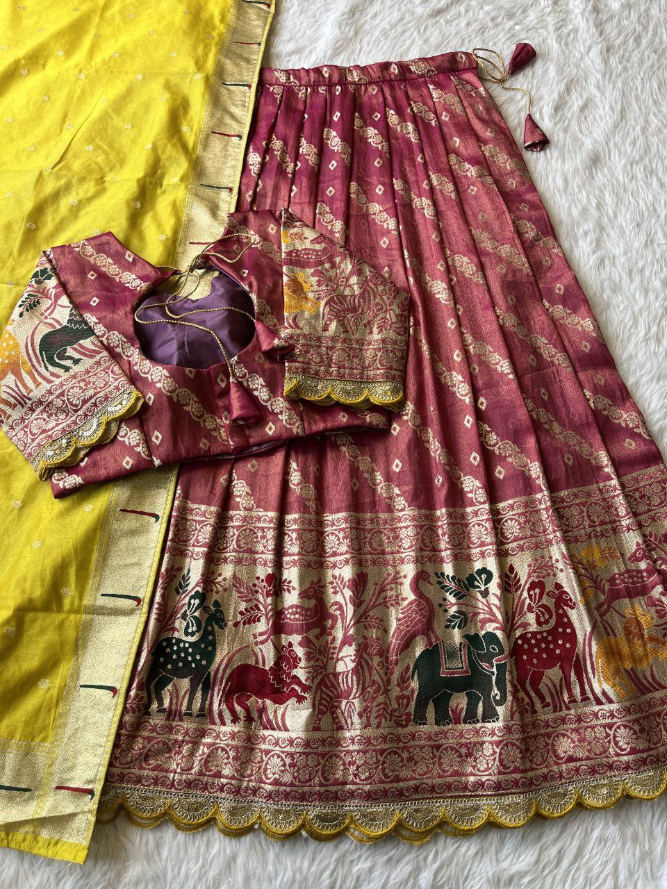 Animal Motif Paithani Lehenga Set – Viscose Tissue Silk with Dupatta