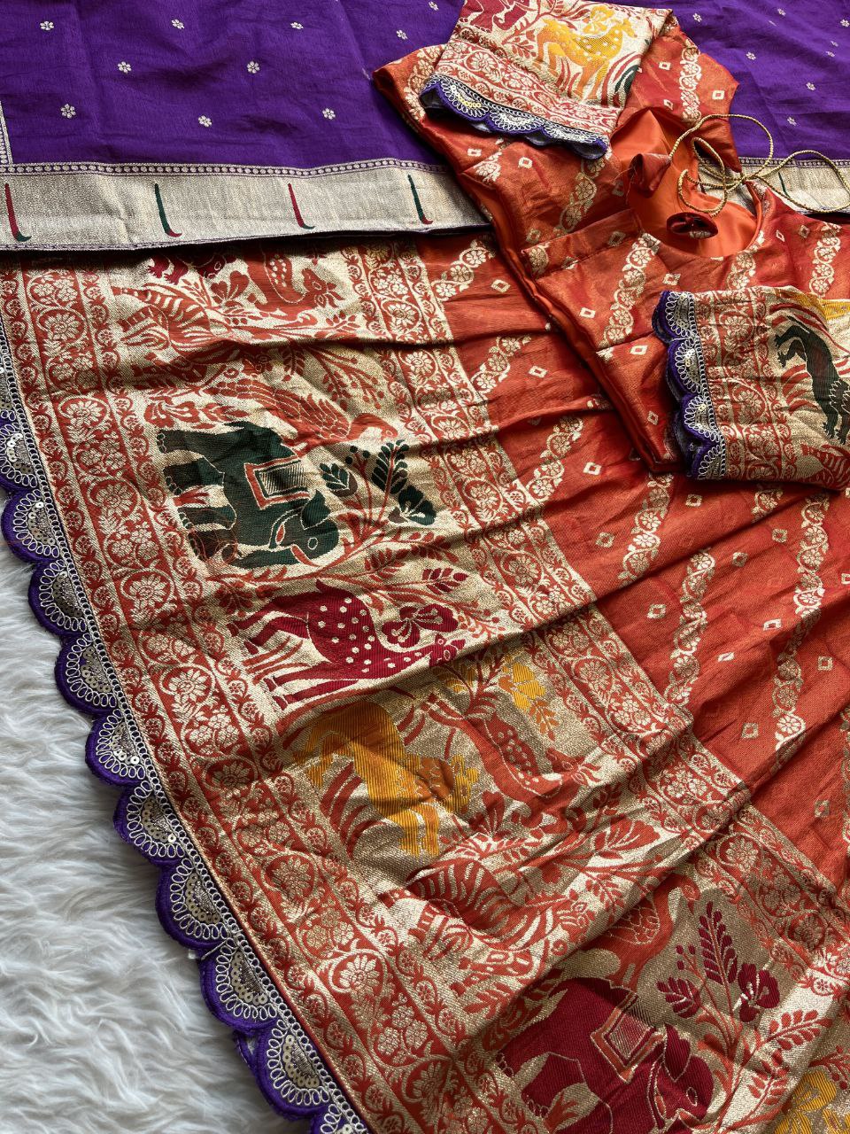 Animal Motif Paithani Lehenga Set – Viscose Tissue Silk with Dupatta