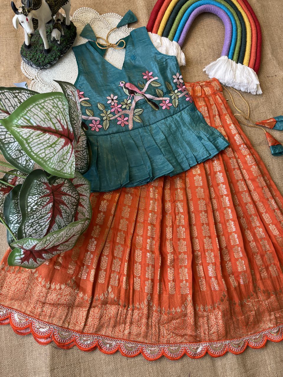 Kids Pattu Pavadai & Sattai Set – Embroidered Top with Khadi Georgette Skirt