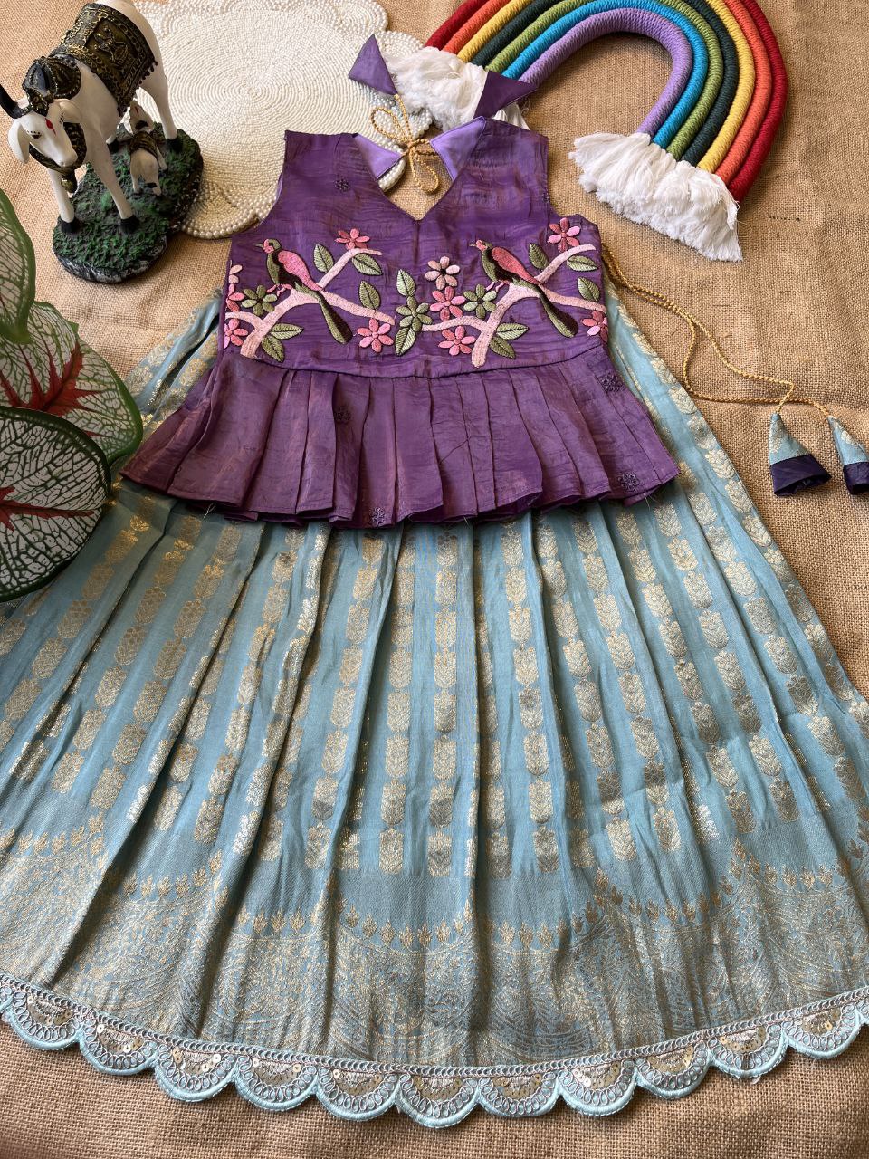 Kids Pattu Pavadai & Sattai Set – Embroidered Top with Khadi Georgette Skirt