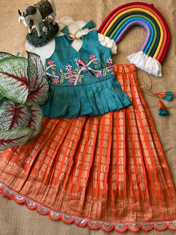 Kids Pattu Pavadai & Sattai Set – Embroidered Top with Khadi Georgette Skirt