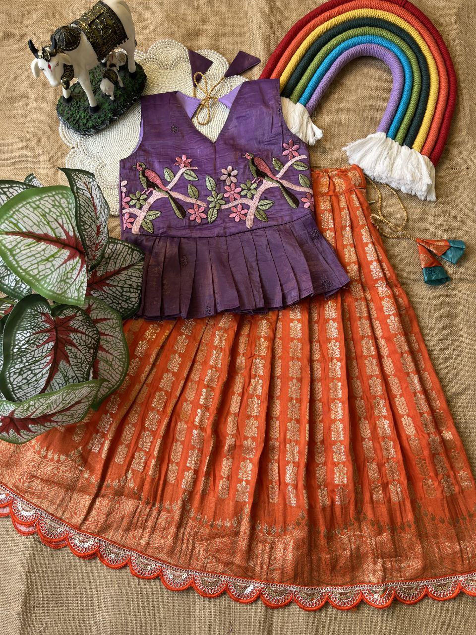 Kids Pattu Pavadai & Sattai Set – Embroidered Top with Khadi Georgette Skirt