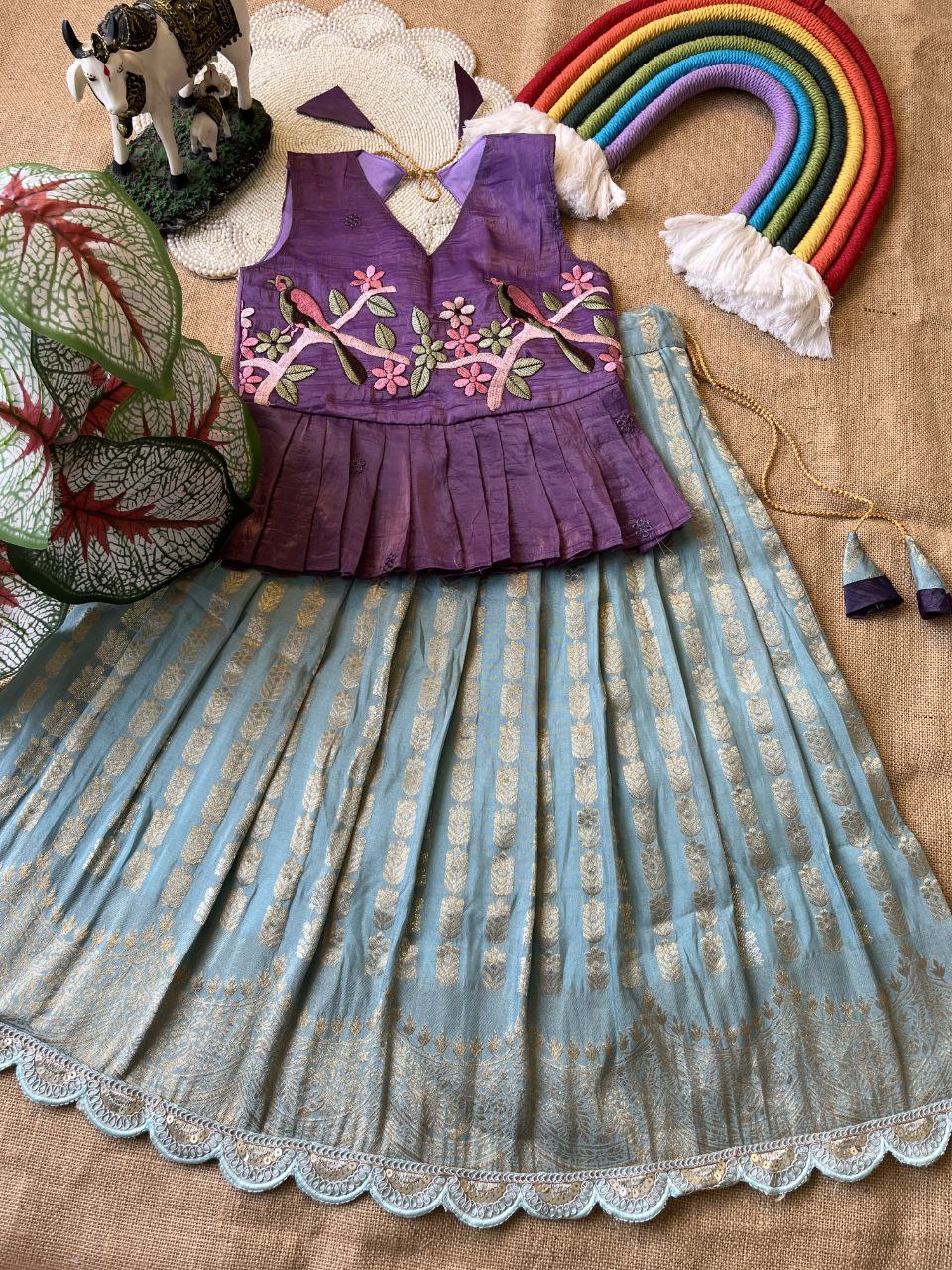 Kids Pattu Pavadai & Sattai Set – Embroidered Top with Khadi Georgette Skirt