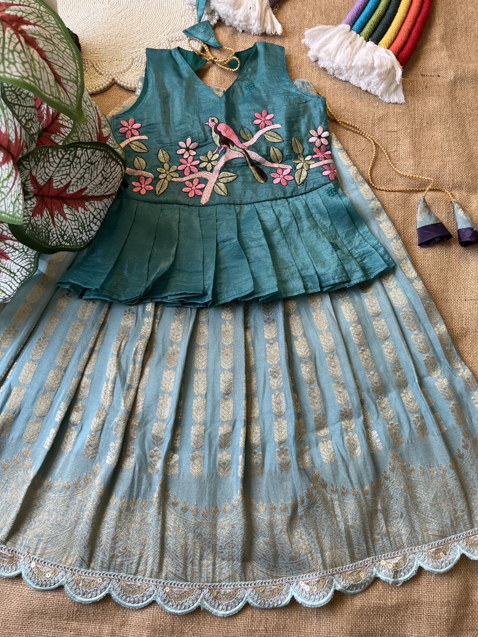 Kids Pattu Pavadai & Sattai Set – Embroidered Top with Khadi Georgette Skirt