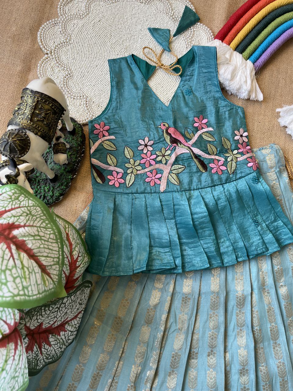 Kids Pattu Pavadai & Sattai Set – Embroidered Top with Khadi Georgette Skirt
