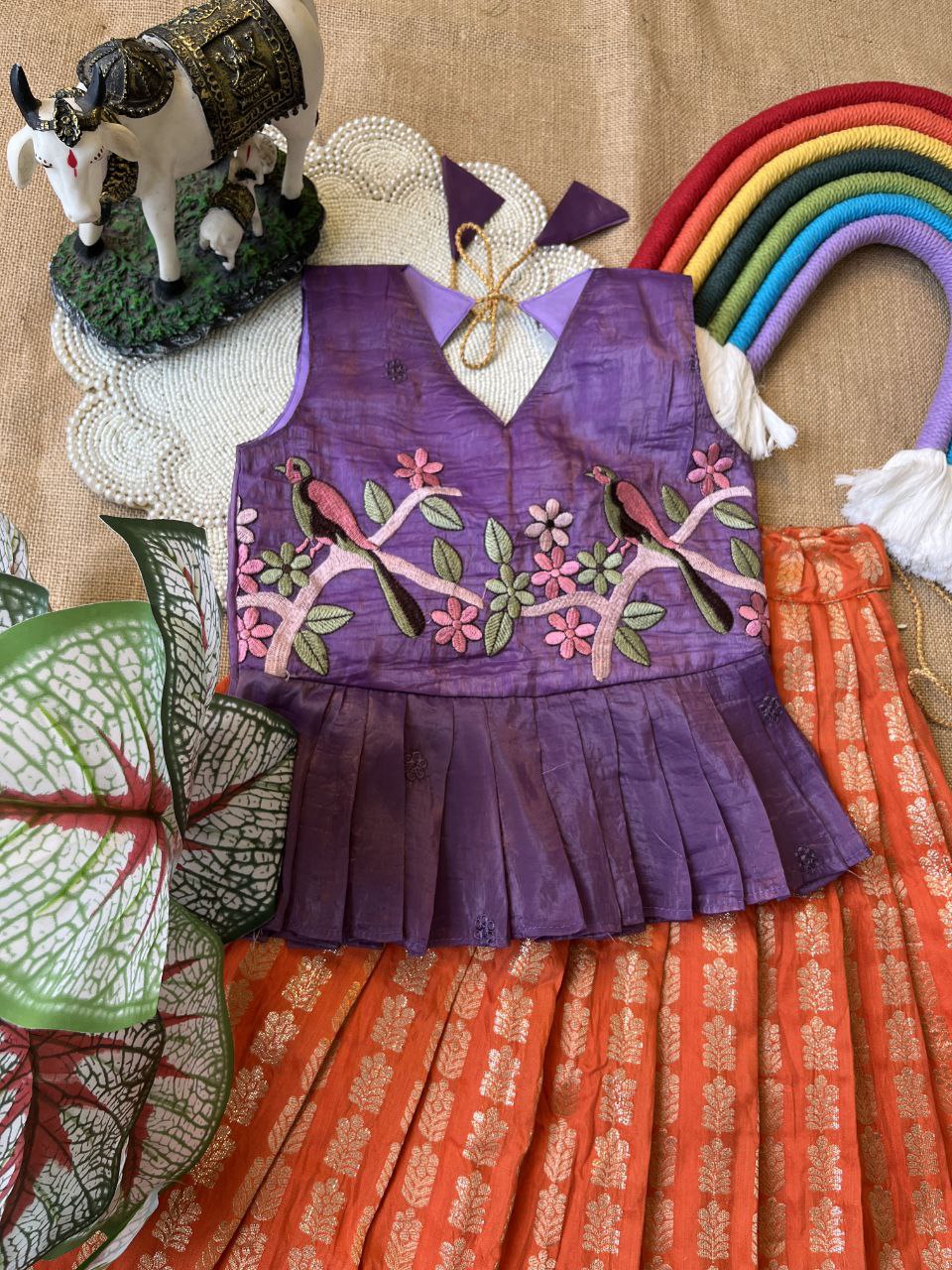 Kids Pattu Pavadai & Sattai Set – Embroidered Top with Khadi Georgette Skirt