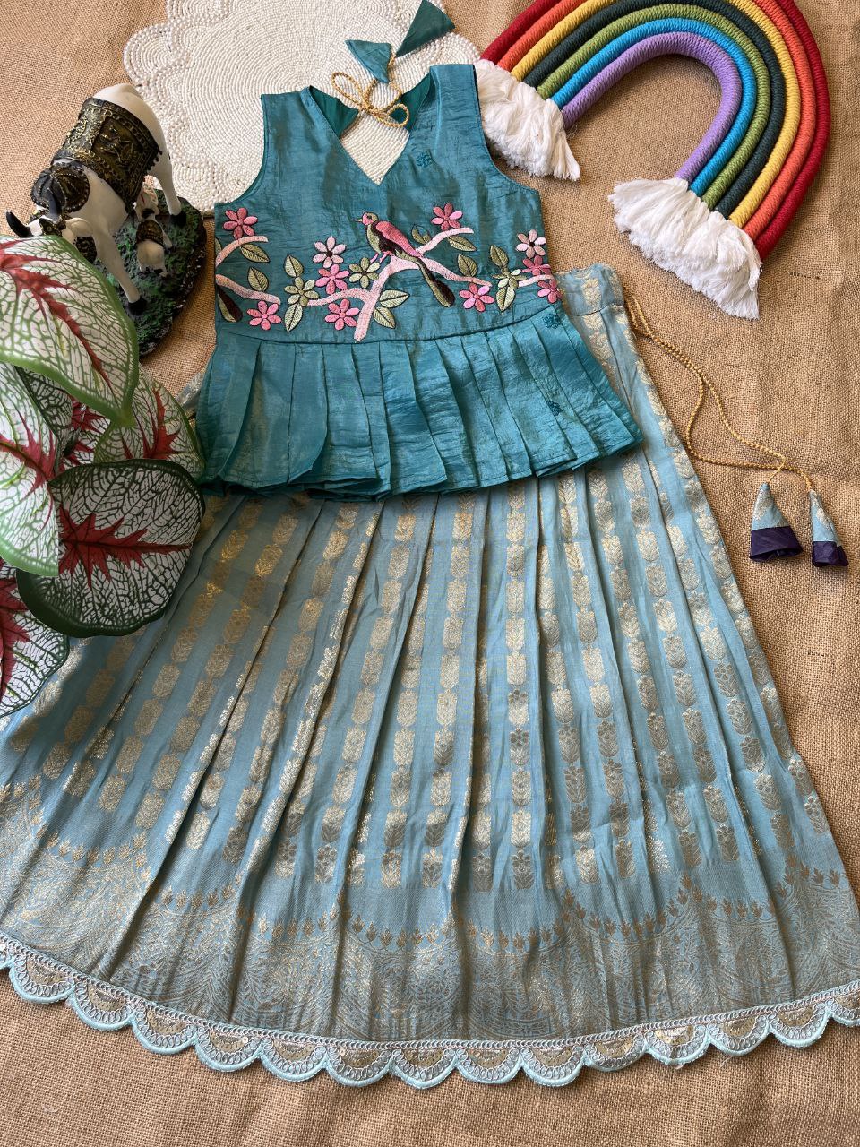 Kids Pattu Pavadai & Sattai Set – Embroidered Top with Khadi Georgette Skirt