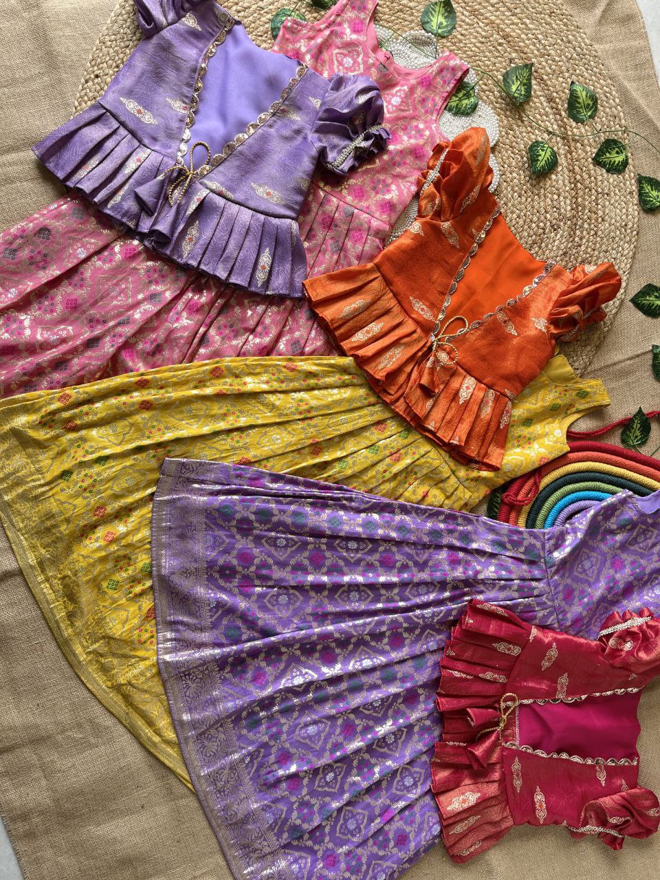 Kids Bandhej Gown with Embroidered Jacket – Dola Silk Designer Set