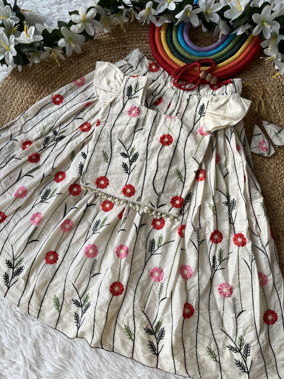 Trending Floral Embroidery Cotton Kids Lehenga Set – Premium Kora Cotton